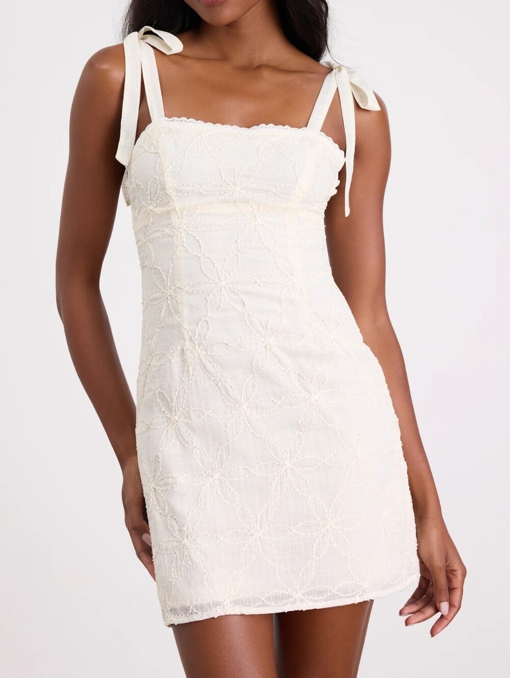 Lulus Mizuki Cream Embroidered Tie-Strap Mini Dress - Size Small - NWT